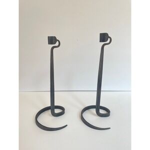 L. Cloutier 1981 Wrought Iron Brutalist Spiral Taper Candle Holders Pair 11"